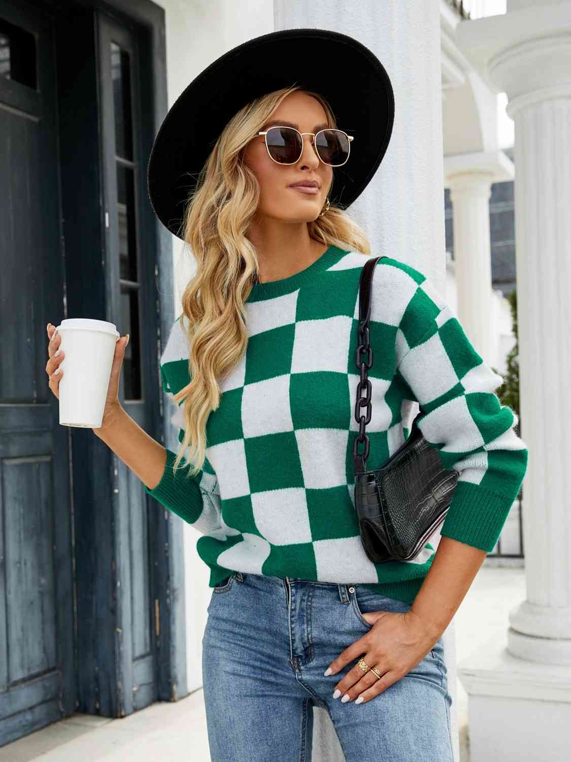 Green Checkered Round Neck Sweater - Sydney So Sweet