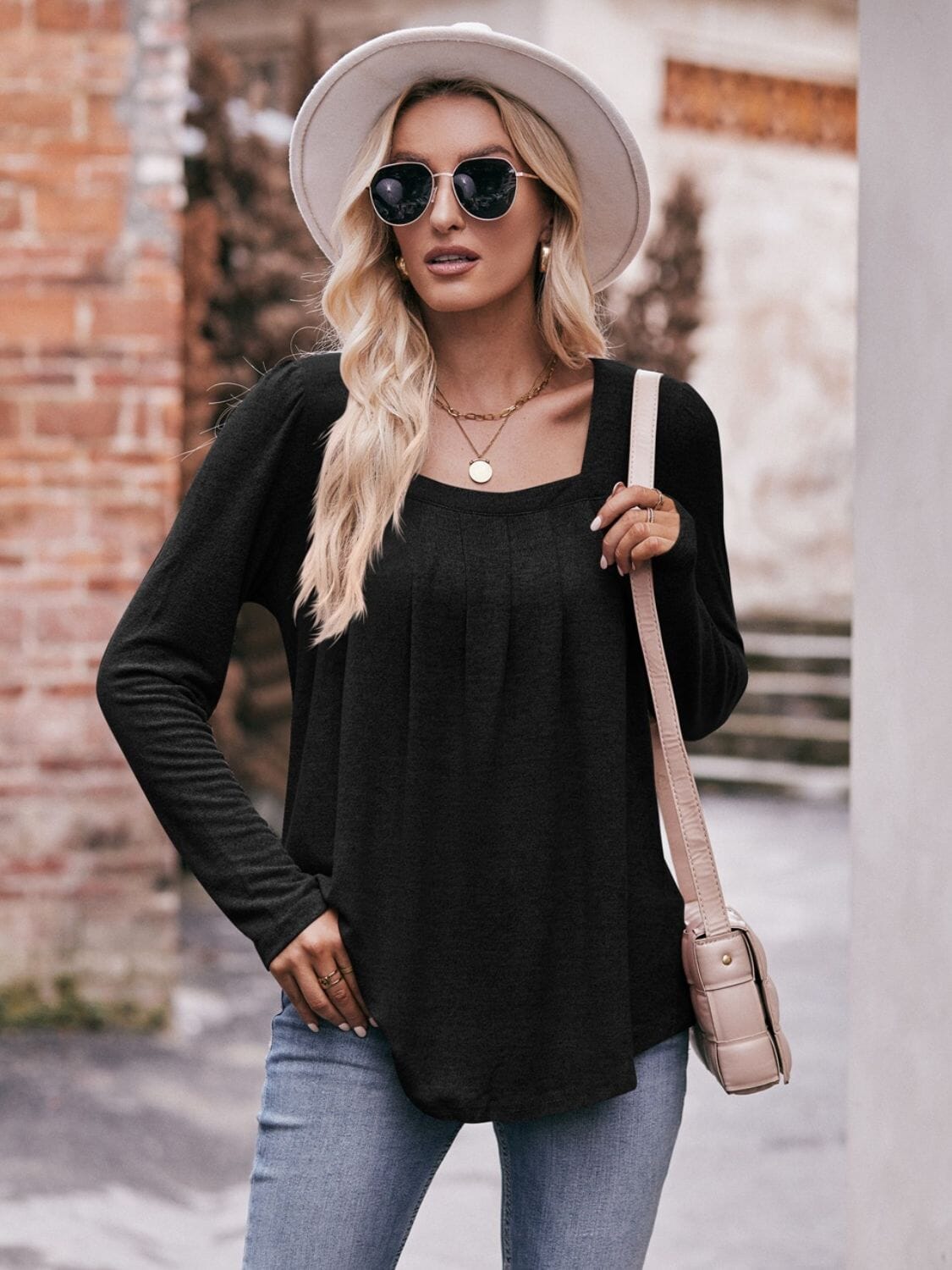 Pleated Detail Curved Hem Long Sleeve Top - Sydney So Sweet