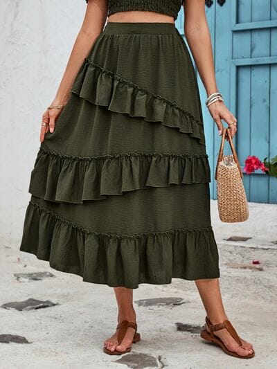 Ruffled Elastic Waist Midi Skirt - Sydney So Sweet