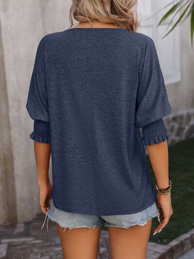 Heathered Notched Lantern Sleeve Blouse - Sydney So Sweet