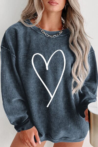 Plus Size Heart Ribbed Round Neck Sweatshirt - Sydney So Sweet