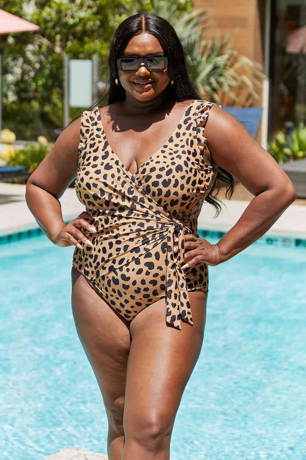 Float On Ruffle Faux Wrap Women's One-Piece Swimsuit in Leopard - Sydney So Sweet