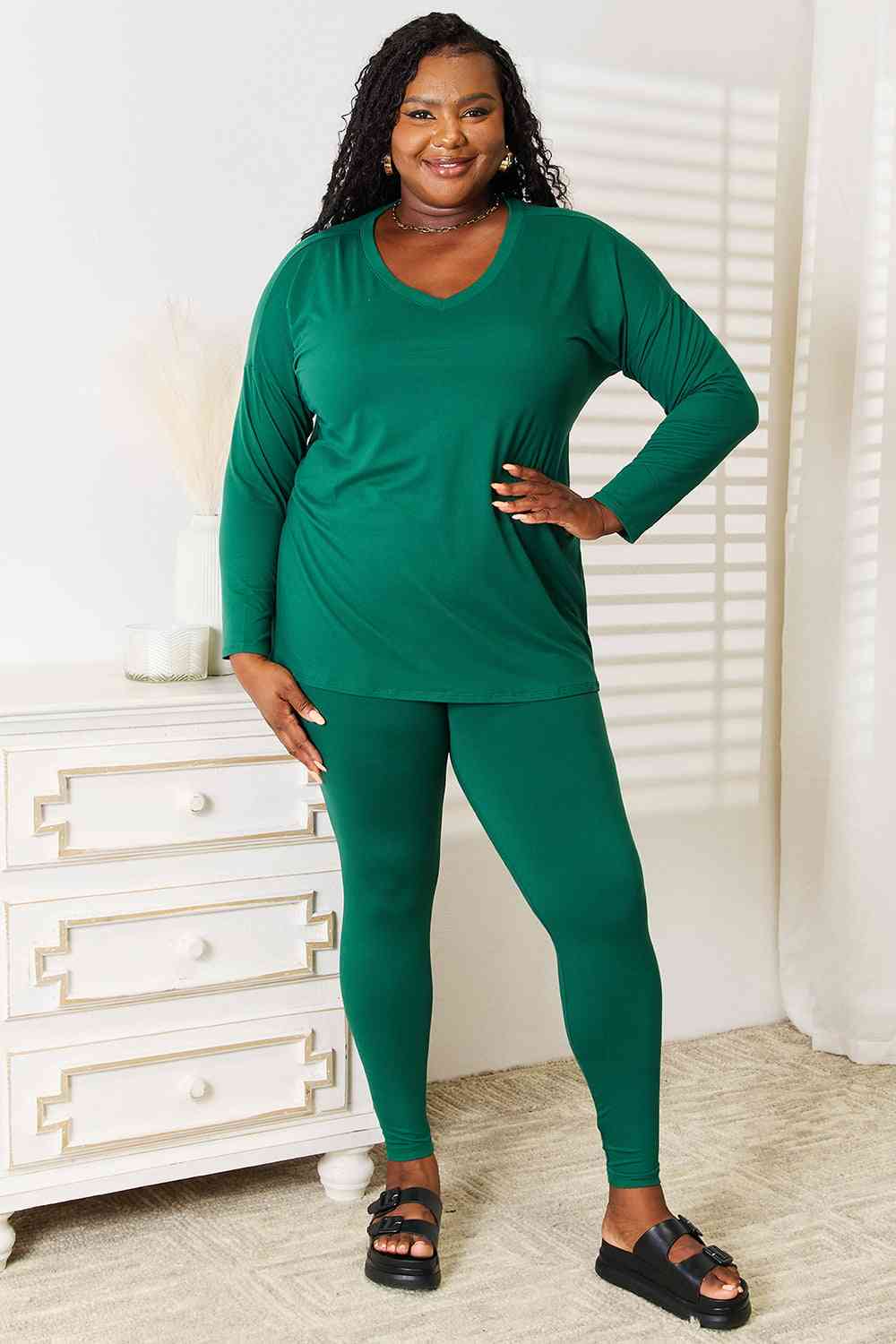 Zenana Lazy Days Full Size Long Sleeve Top and Leggings Set Dark Green / S