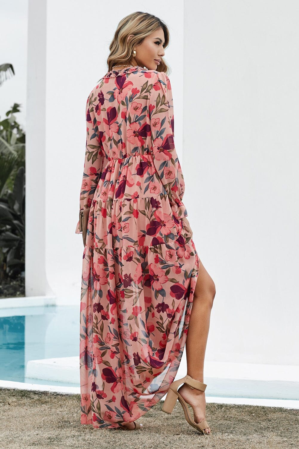 Floral Frill Trim Flounce Sleeve Plunge Maxi Dress - Sydney So Sweet