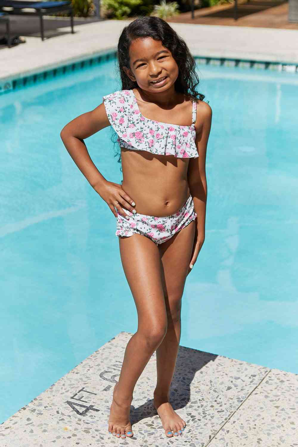 Float On Ruffle Two-Piece Girls Swim Set in Roses Off-White - Sydney So Sweet