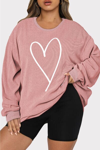 Plus Size Heart Ribbed Round Neck Sweatshirt - Sydney So Sweet