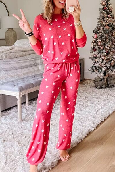 Heart Round Neck Top and Pants Set - Sydney So Sweet