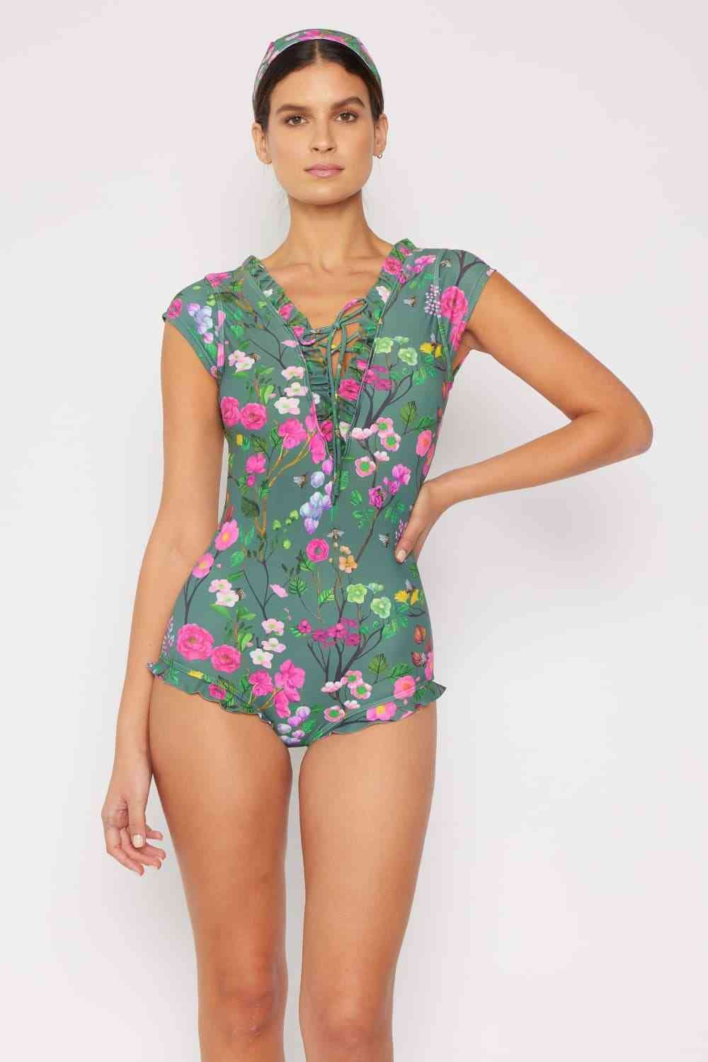 Bring Me Flowers V-Neck One Piece Womens Swimsuit In Sage - Sydney So Sweet