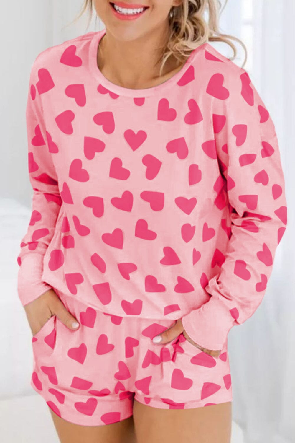 Heart Print Round Neck Top and Shorts Lounge Set - Sydney So Sweet