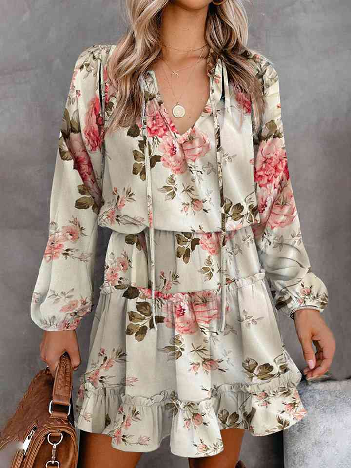 Printed Tie Neck Long Sleeve Dress - Sydney So Sweet