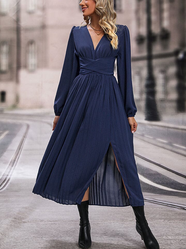 V-Neck Long Sleeve Pleated Slit Dress - Sydney So Sweet