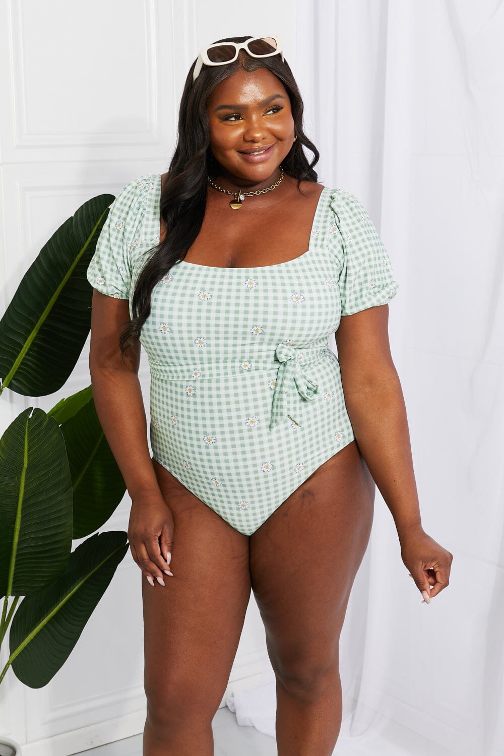 Marina West Swim Salty Air Puff Sleeve One-Piece in Sage - Sydney So Sweet