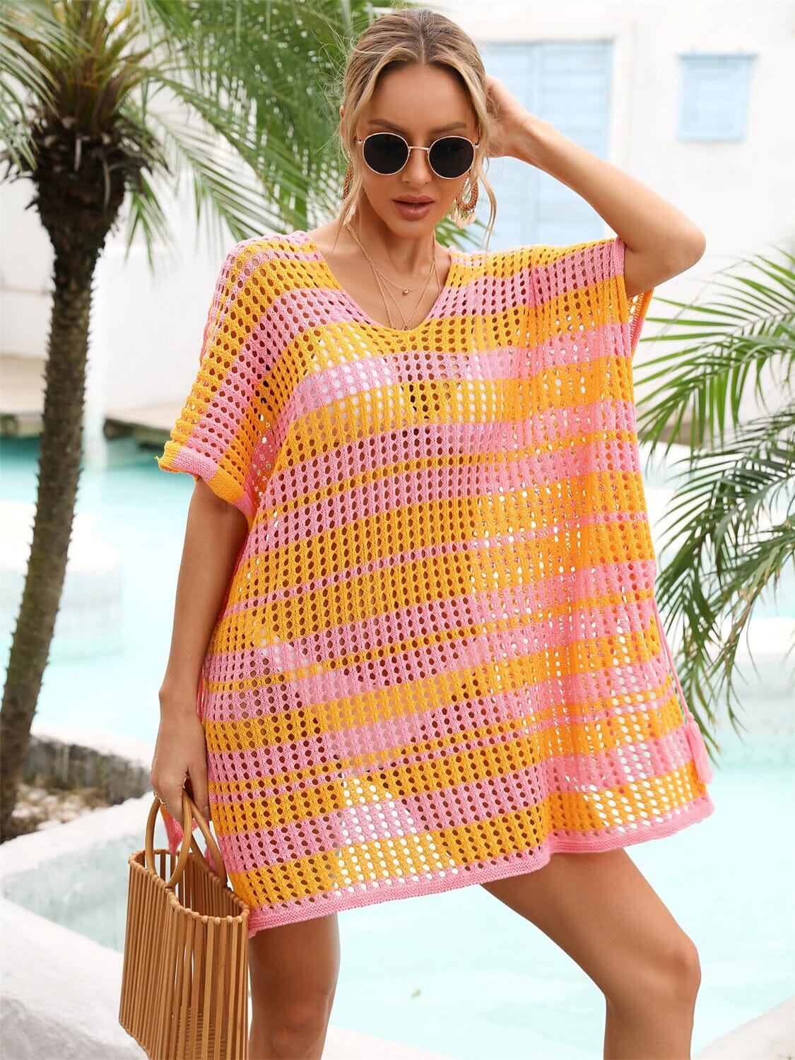 Tassel Openwork Striped V-Neck Cover Up - Sydney So Sweet