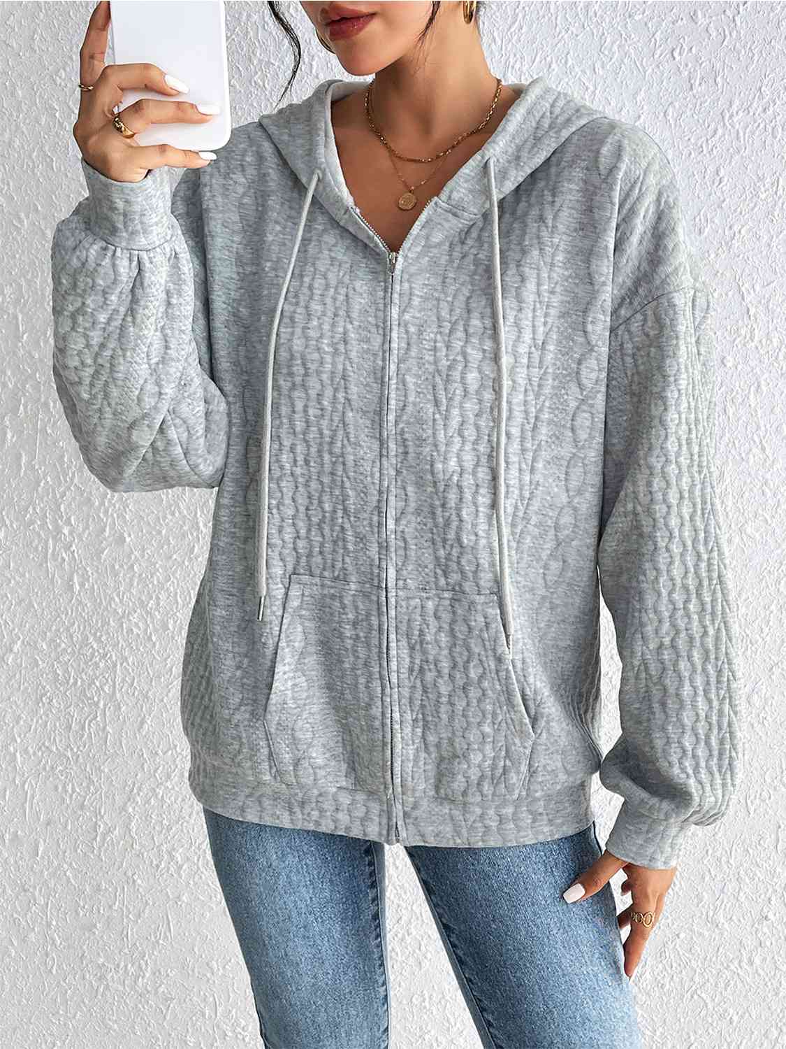 Zip Up Drawstring Long Sleeve Hoodie with Pockets - Sydney So Sweet