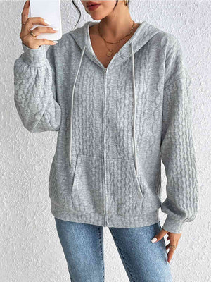 Zip Up Drawstring Long Sleeve Hoodie with Pockets - Sydney So Sweet