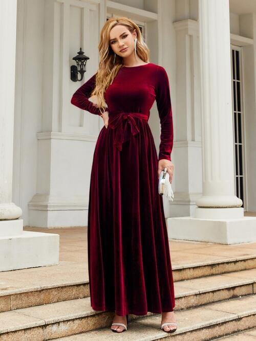 Tie Front Round Neck Long Sleeve Maxi Dress - Sydney So Sweet