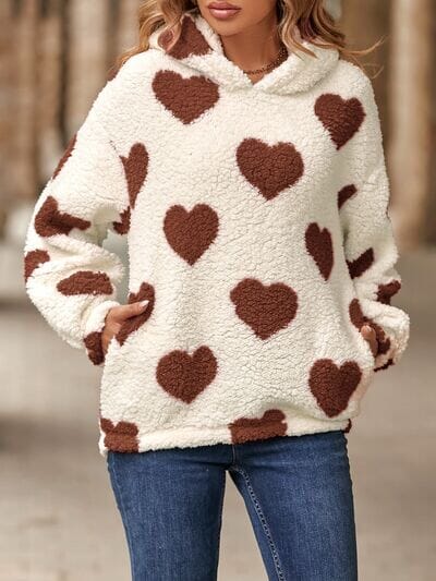 Fuzzy Heart Pocketed Dropped Shoulder Hoodie - Sydney So Sweet