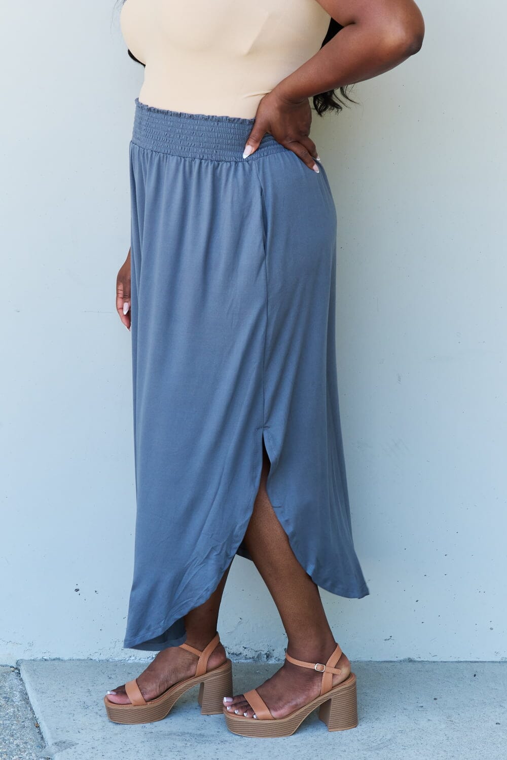 Full Size High Waist Scoop Hem Maxi Skirt in Dusty Blue - Sydney So Sweet