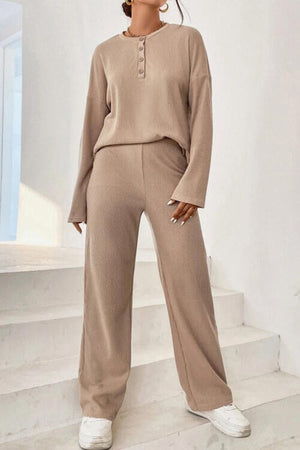 Ribbed Half Button Top and Pants Set - Sydney So Sweet