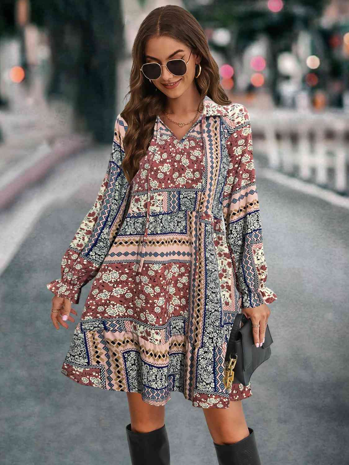 Printed Tie Front Flounce Sleeve Dress - Sydney So Sweet