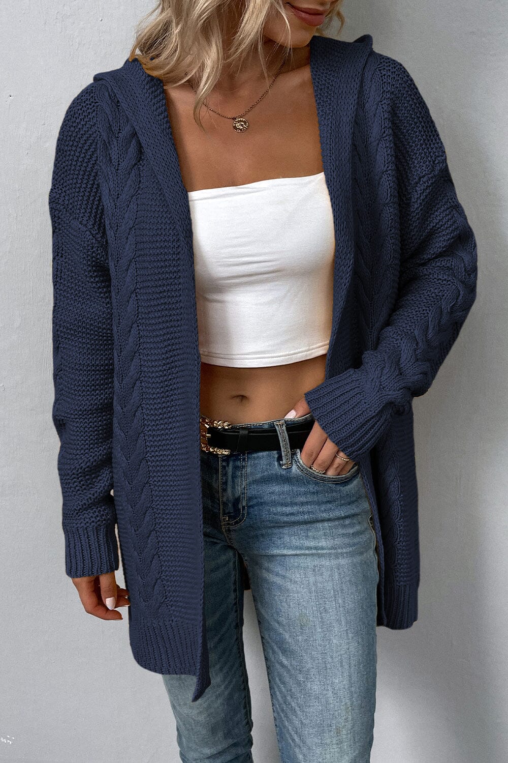 Cable-Knit Dropped Shoulder Hooded Cardigan - Sydney So Sweet