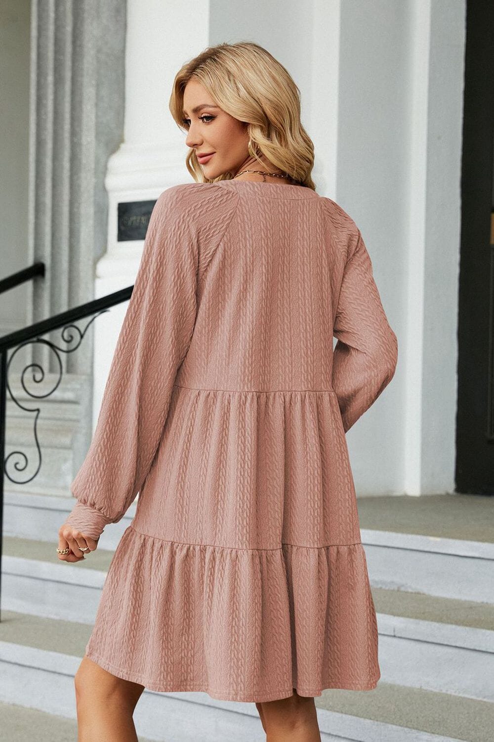 Notched Neck Long Sleeve Mini Dress - Sydney So Sweet