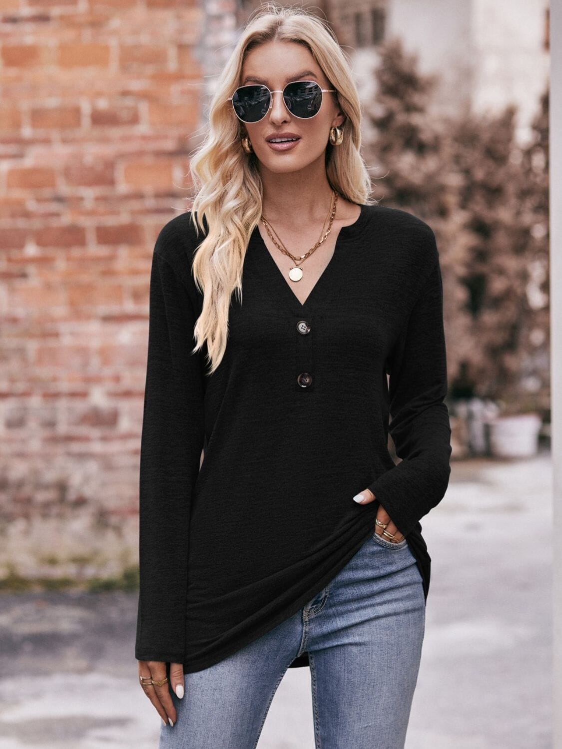 Buttoned Notched Neck Long Sleeve Top - Sydney So Sweet