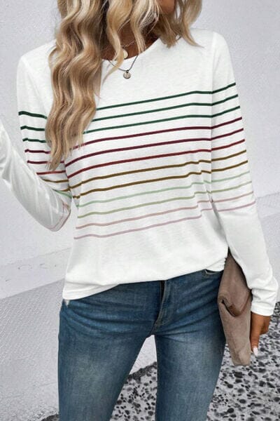 Striped Round Neck Long Sleeve Top - Sydney So Sweet