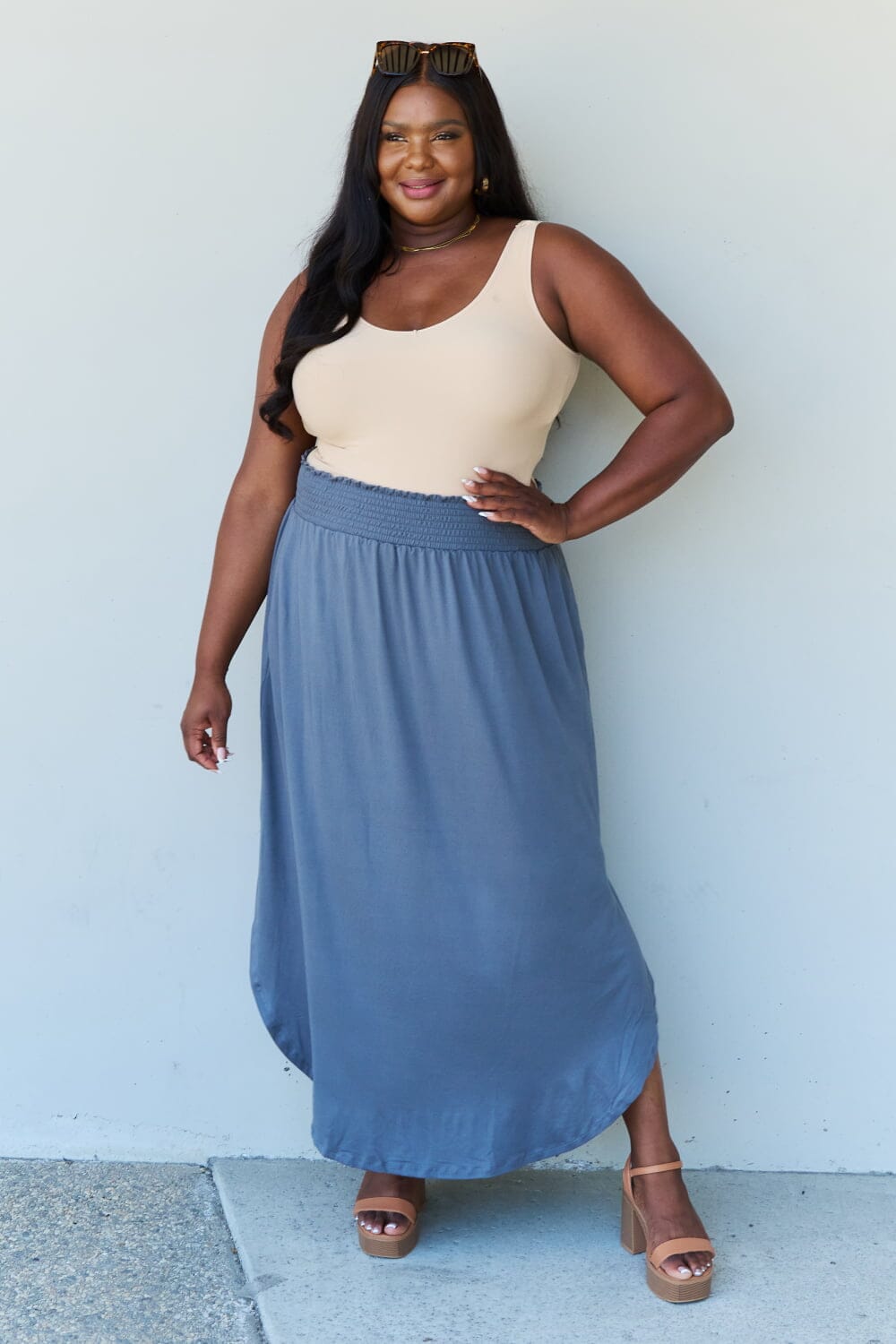 Full Size High Waist Scoop Hem Maxi Skirt in Dusty Blue - Sydney So Sweet