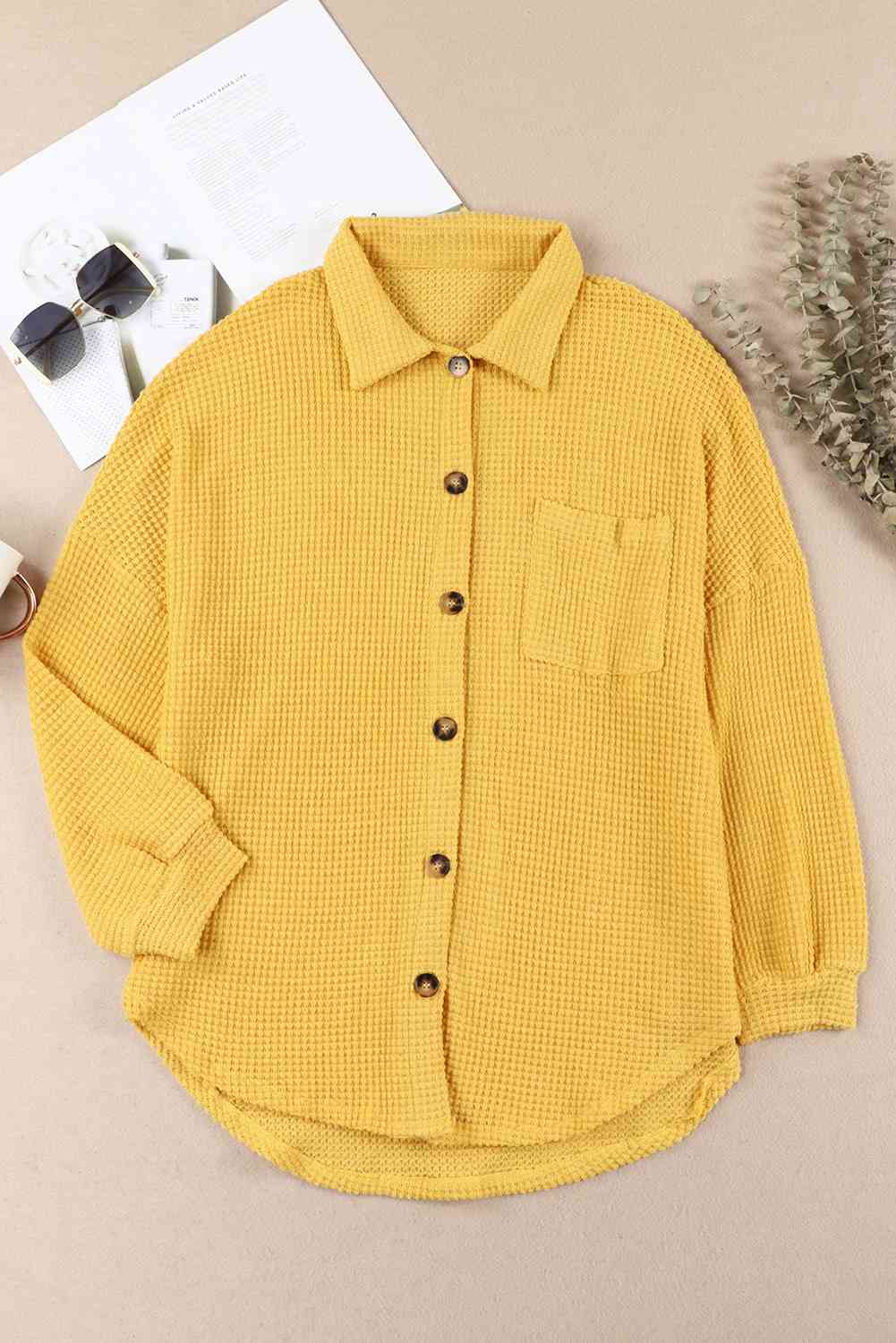 Waffle-Knit Button Up Long Sleeve Shirt with Pocket - Sydney So Sweet