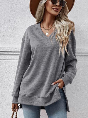 V-Neck Slit Long Sleeve Sweatshirt - Sydney So Sweet