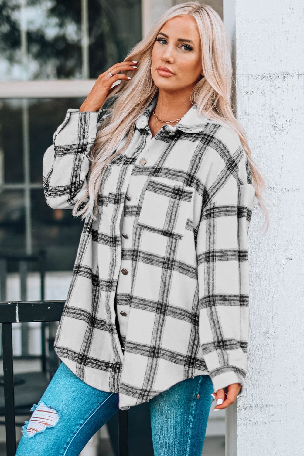 Plaid Curved Hem Dropped Shoulder Longline Shirt Jacket - Sydney So Sweet