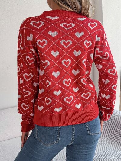 Heart Pattern V-Neck Long Sleeve Sweater - Sydney So Sweet