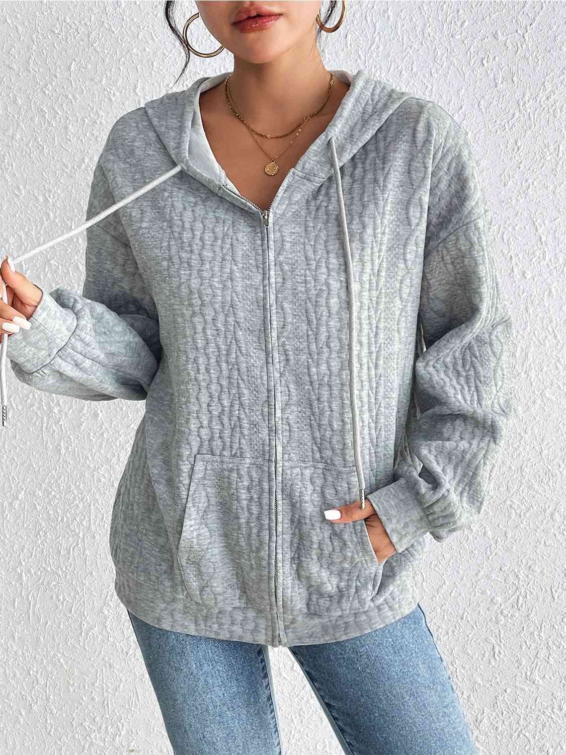 Zip Up Drawstring Long Sleeve Hoodie with Pockets - Sydney So Sweet