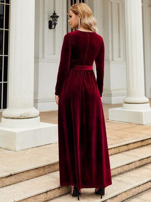 Tie Front Round Neck Long Sleeve Maxi Dress - Sydney So Sweet