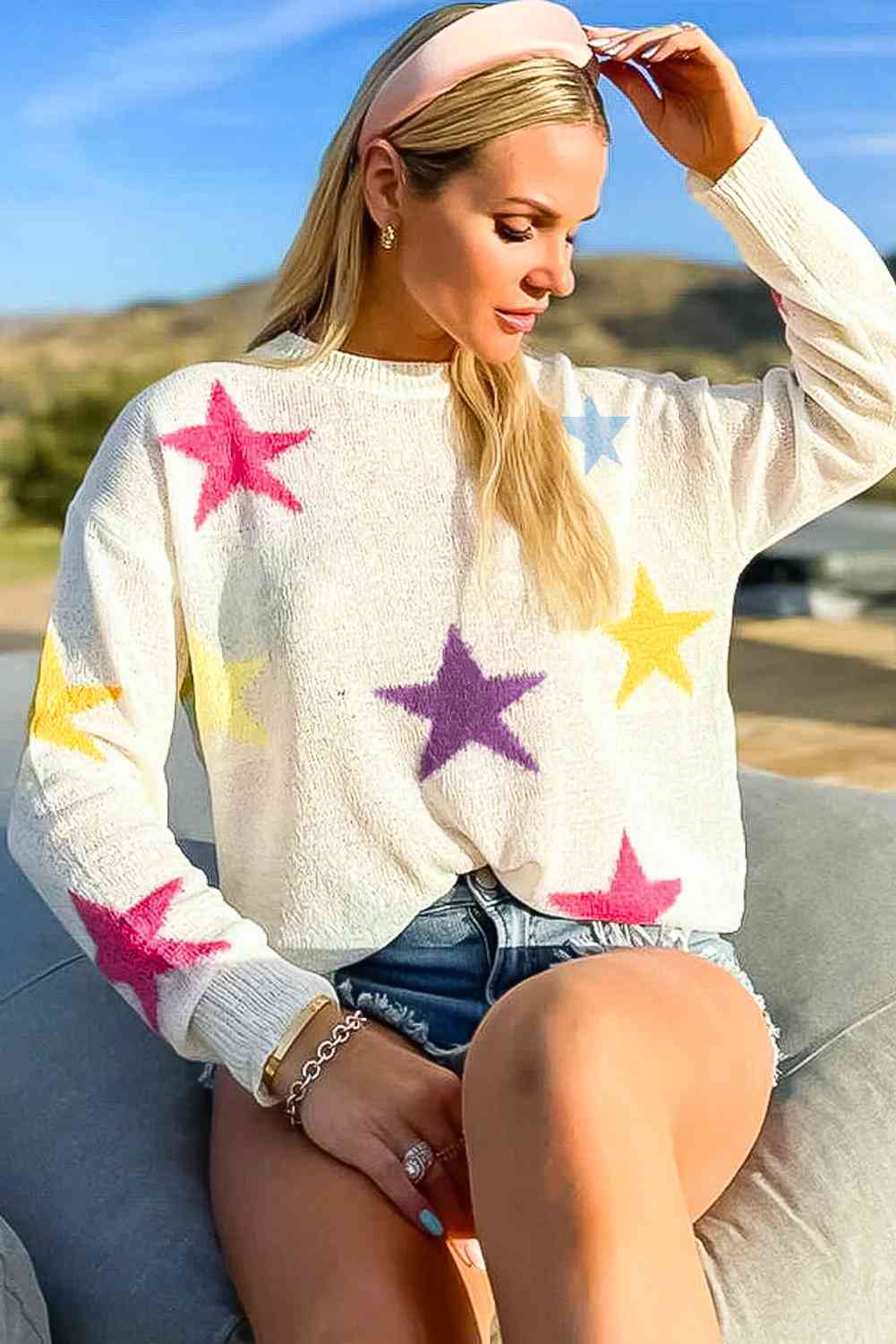 Star Pattern Dropped Shoulder Sweater - Sydney So Sweet