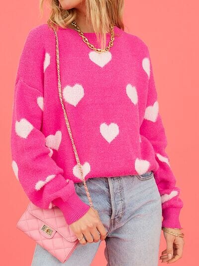 Heart Round Neck Dropped Shoulder Sweater - Sydney So Sweet