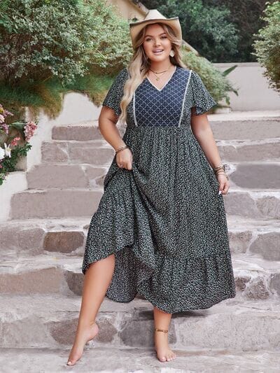 Plus Size Printed V-Neck Flutter Sleeve Midi Dress - Sydney So Sweet