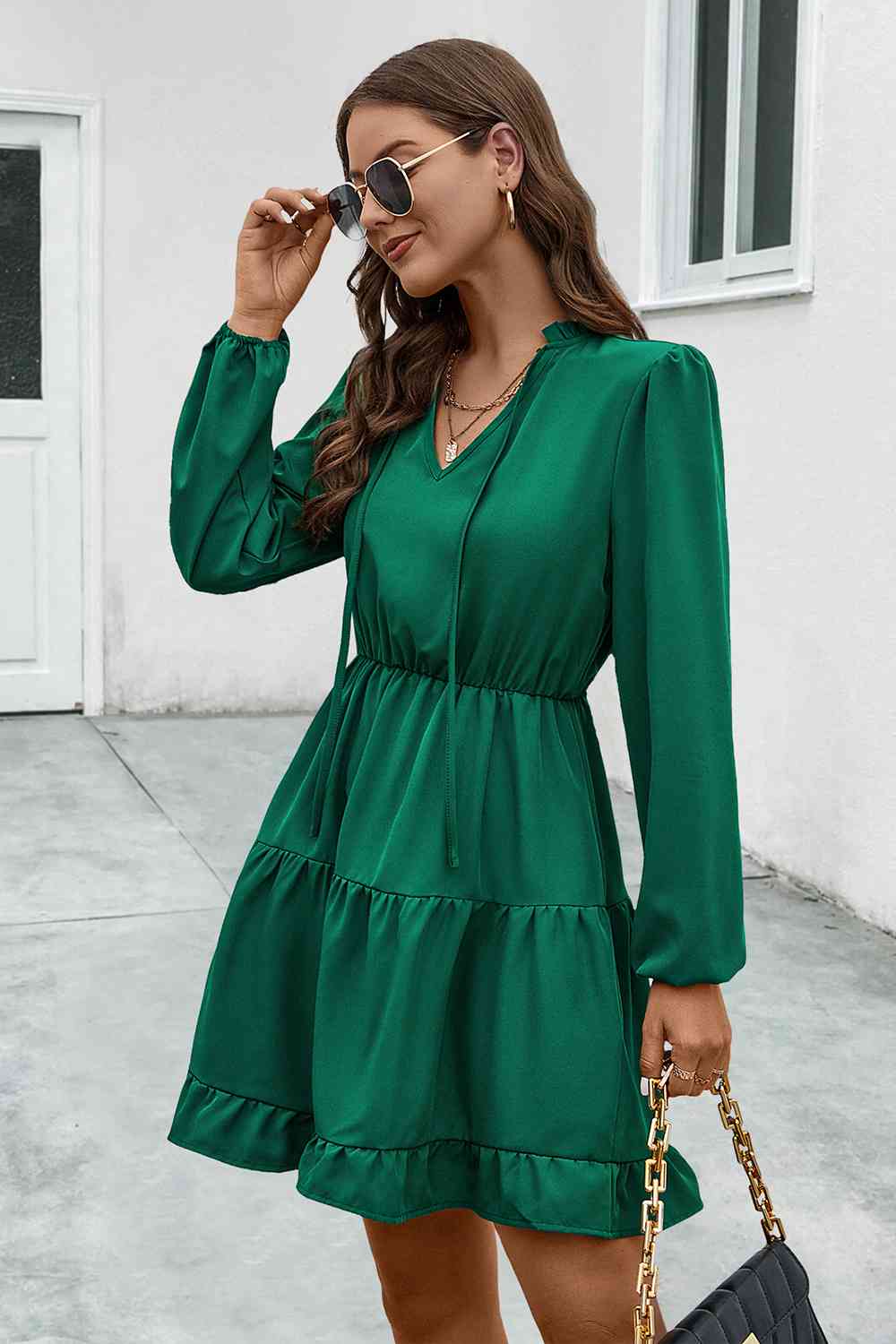 V-Neck Tie Neck Long Sleeve Dress - Sydney So Sweet