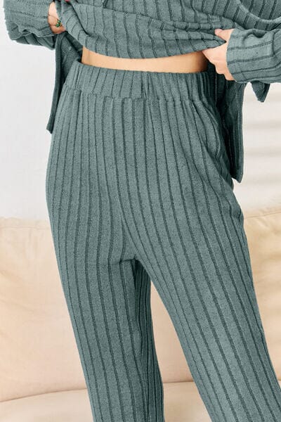 Ribbed Drawstring Hood Top and Straight Pants Set - Sydney So Sweet