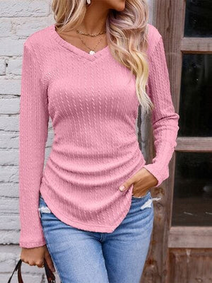 Textured Ruched V-Neck Long Sleeve Top - Sydney So Sweet