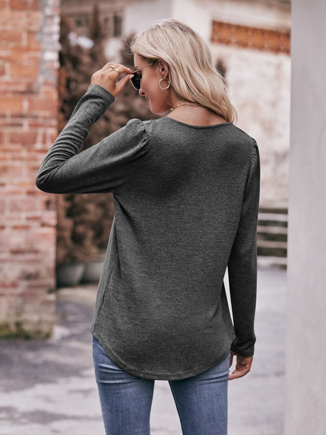 Pleated Detail Curved Hem Long Sleeve Top - Sydney So Sweet