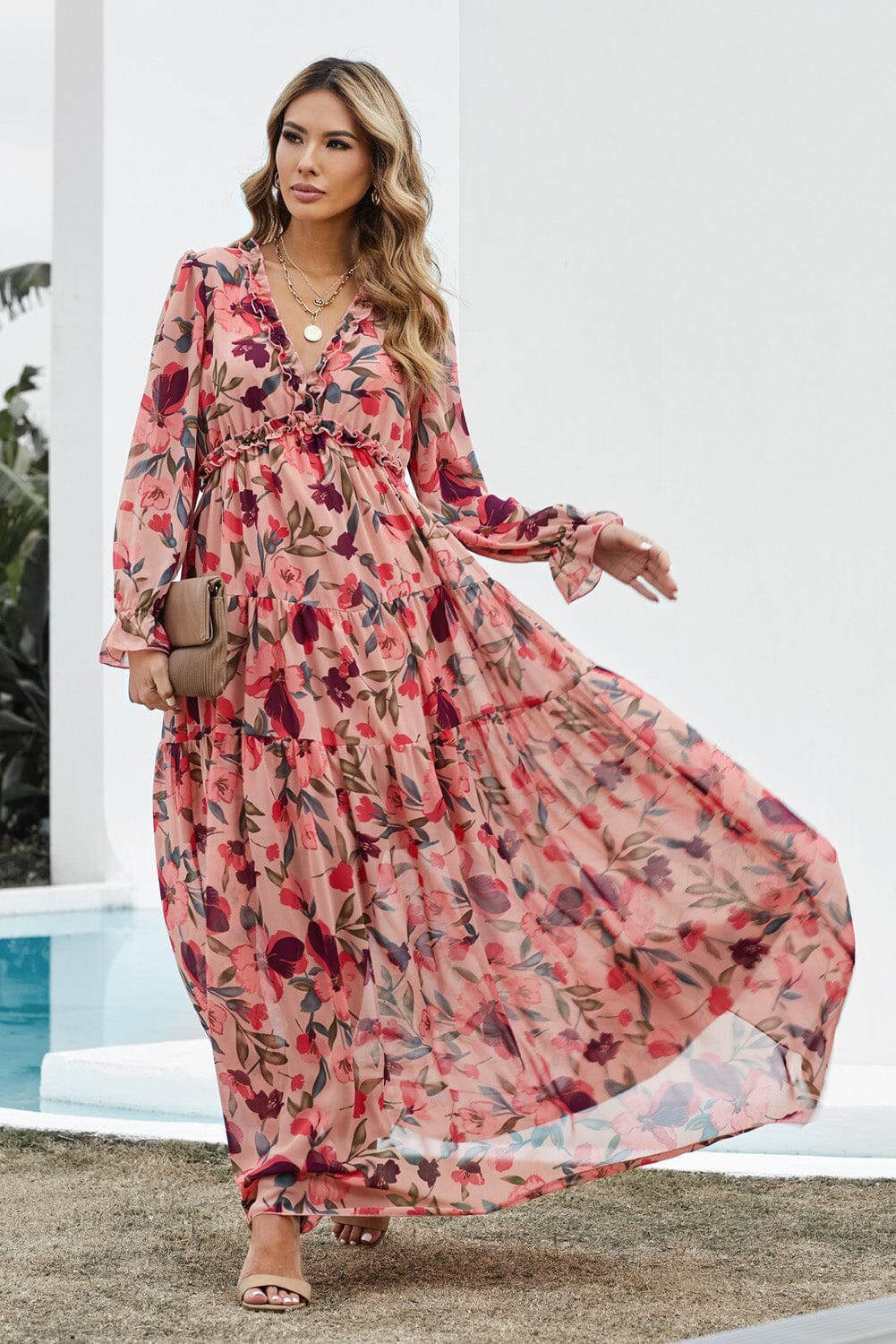 Floral Frill Trim Flounce Sleeve Plunge Maxi Dress - Sydney So Sweet