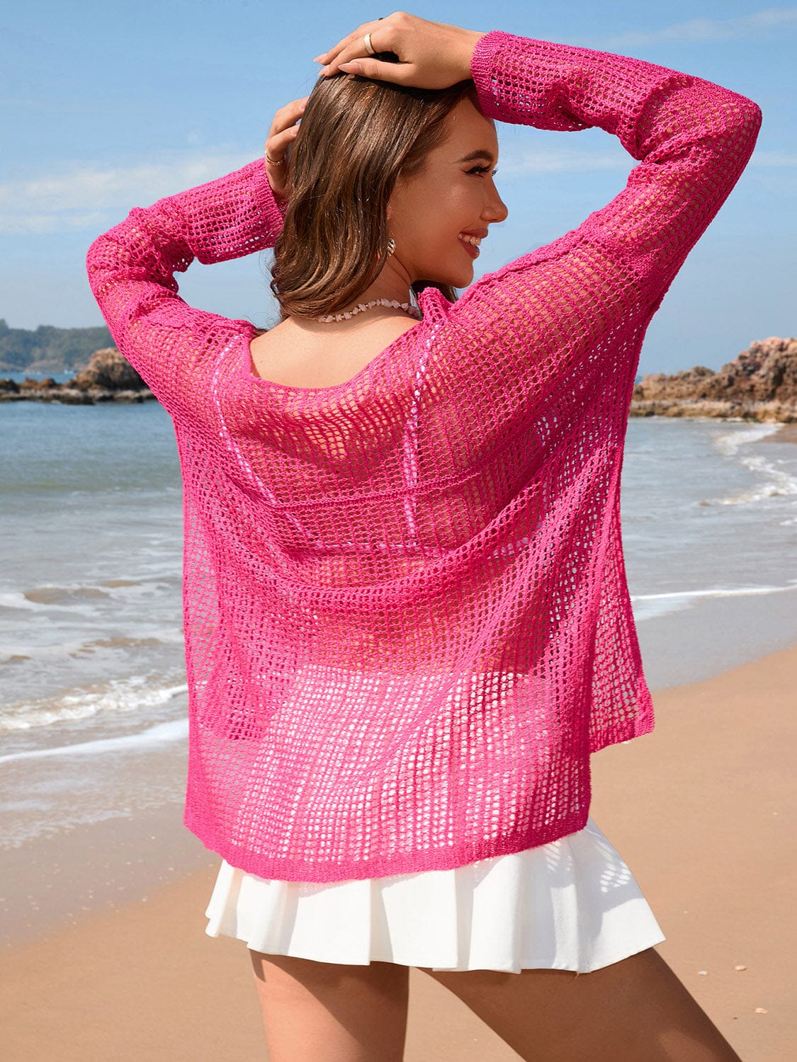 Openwork Slit Boat Neck Long Sleeve Cover-Up - Sydney So Sweet