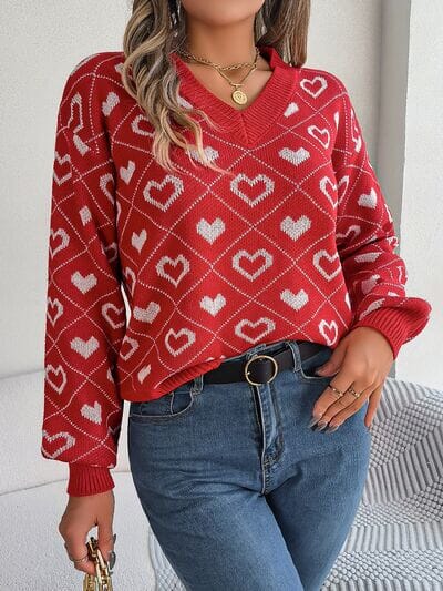 Heart Pattern V-Neck Long Sleeve Sweater - Sydney So Sweet