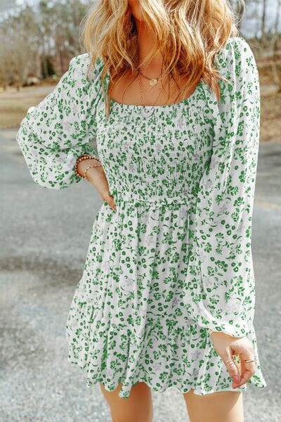 Smocked Floral Square Neck Balloon Sleeve Dress - Sydney So Sweet