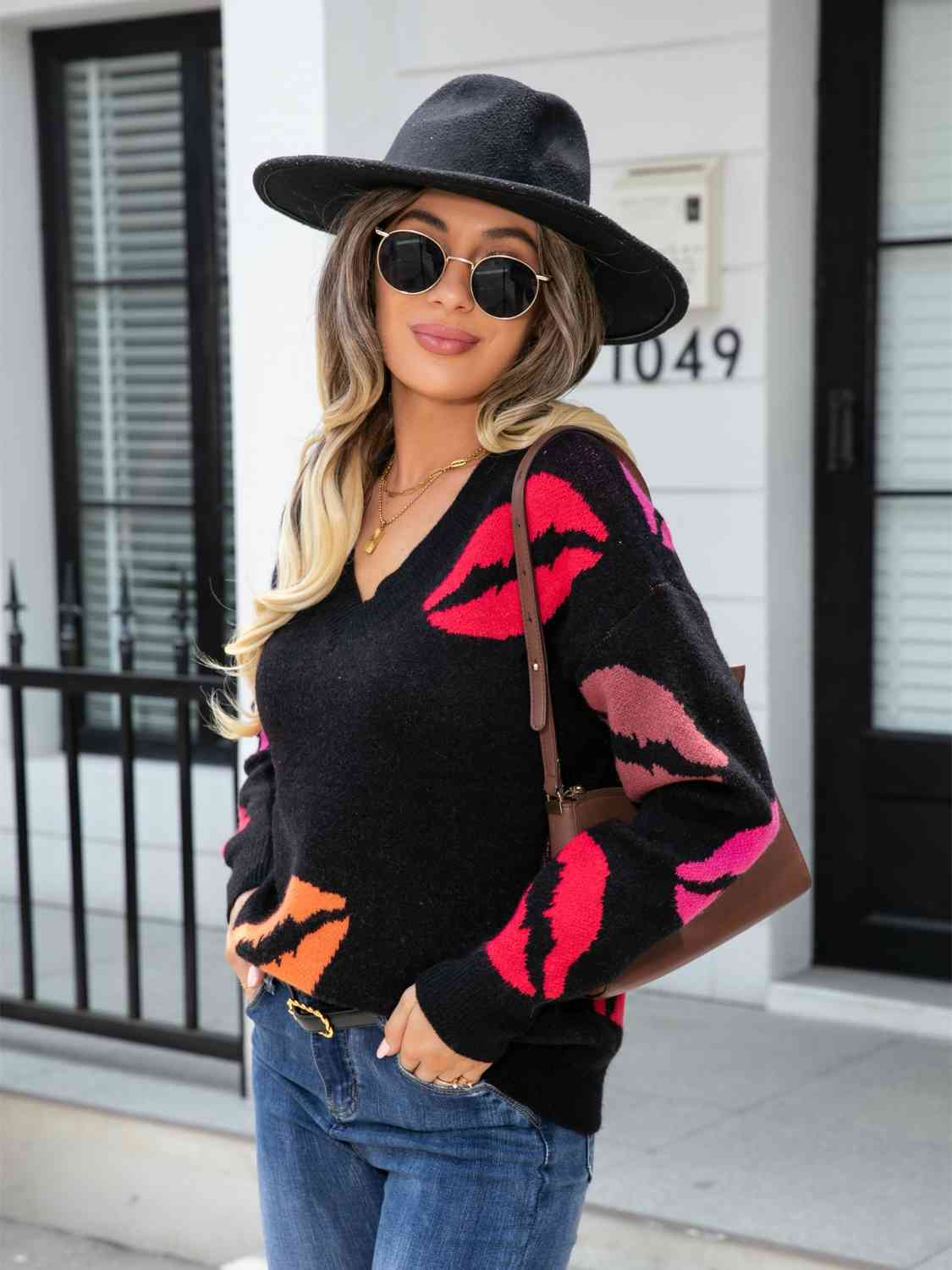 Lip V-Neck Drop Shoulder Sweater - Sydney So Sweet