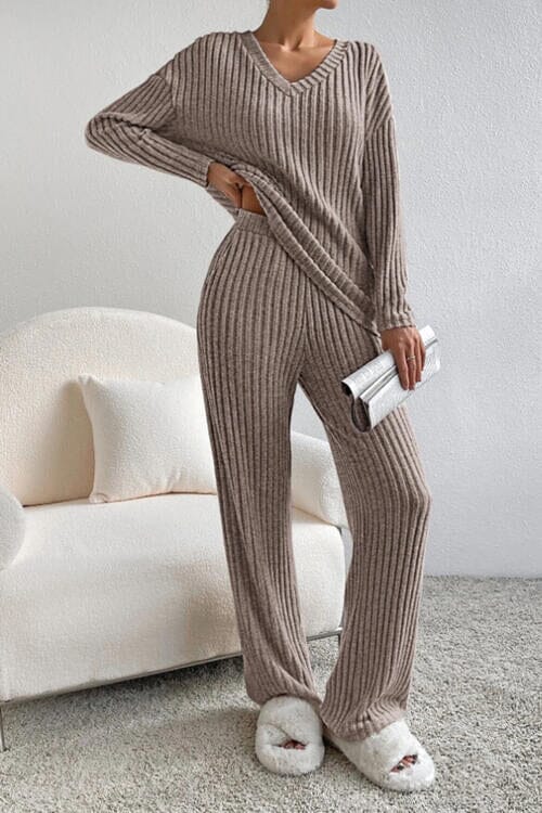 Ribbed V-Neck Top and Pants Set - Sydney So Sweet