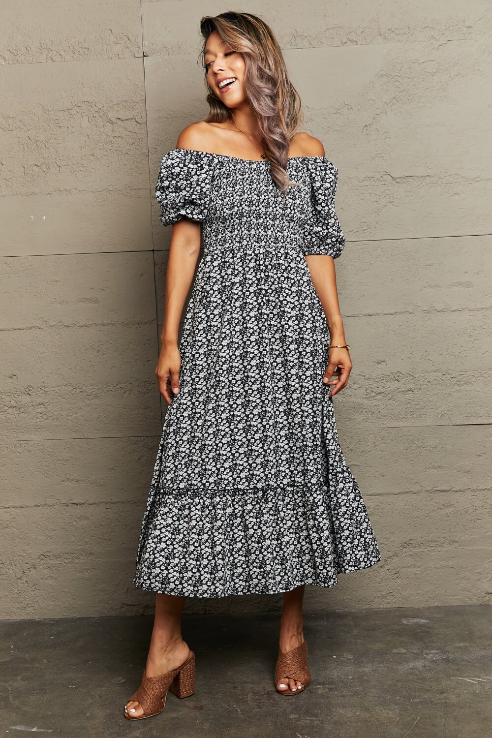 Floral Lace-Up Off-Shoulder Midi Dress - Sydney So Sweet