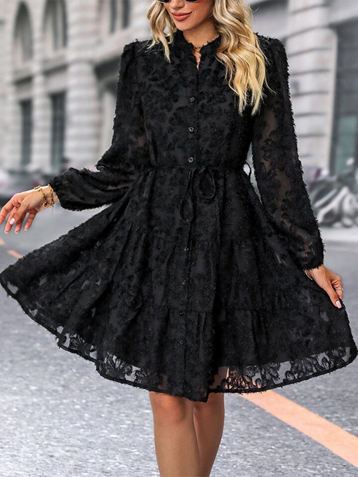 V-Neck Long Sleeve Buttoned Dress - Sydney So Sweet